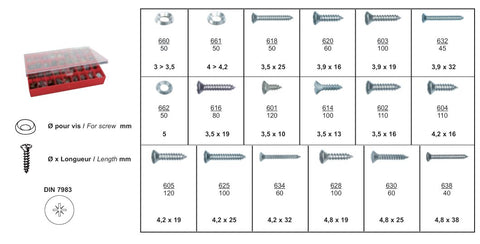 ASSORTIMENT DE VIS À TÔLE TÊTE FRAISÉE BOMBÉE ET CUVETTES ST 3,5 → 4,8 mm DIN 7983